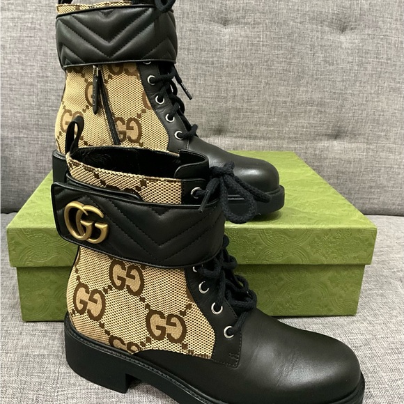 Gucci Shoes - Gucci Women's 38.5 Black Brown GG Lace Up Combat Boots Booties